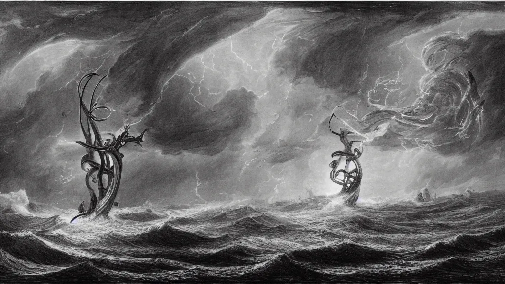 Image similar to drawing of a giant squid attacking a submarine beneath a stormy ocean, by gustave dore, nineteenth century, black and white, vintage, science fiction, epic composition, dramatic lighting, highly detailed, cinematic