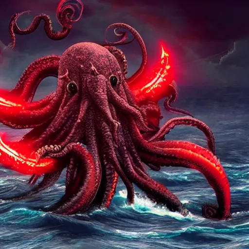 Image similar to a demonic kraken with glowing red eyes eating a battle ship