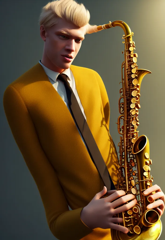 Image similar to a highly detailed portrait of a blond man with nice cloths playing the sax, on a nice calm serene environment, artstation, DeviantArt, professional, octane render