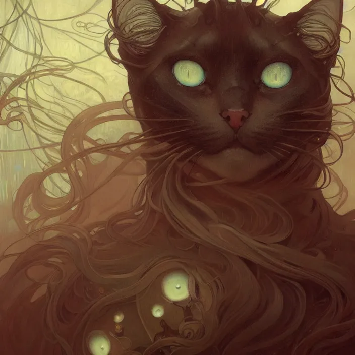 Image similar to A portrait of A cat with many eyes by Ross Tran!!! and alphonse mucha and greg rutkowski! and gustav doré! and Zdzisław Beksiński!,In style of digital art illustration.Symmetry.Highly detailed face.Fantasy,smooth,hyper detailed,sharp focus,Soft light.trending on artstation.4k