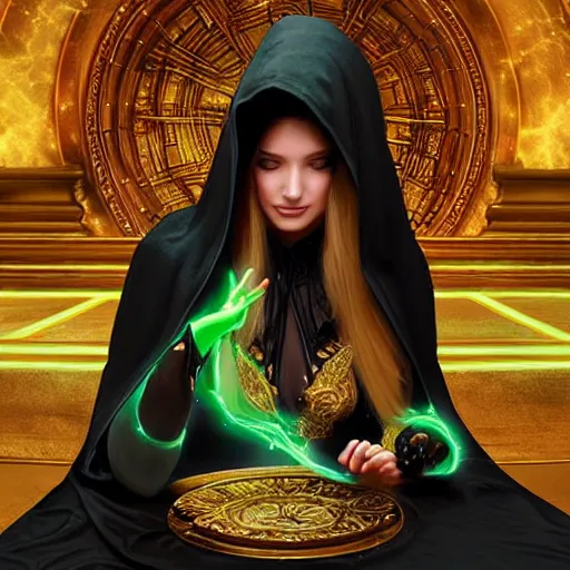 Image similar to a beautiful sorceress wearing a black robe with gold embroidery, sitting at table, casting a spell, green glows, painted by artgerm, in the style of magic the gathering, highly detailed digital art