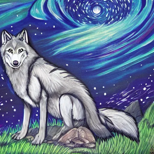 Prompt: wolf okami!!!!!!! resting under a sky full of stars, by a deep!! river, calm, acrylic on canvas, okami, okami, okami, okami, okami, okami, cel shaded, cel shaded, cel shaded, cel shaded