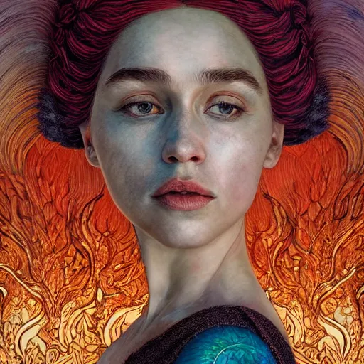 Prompt: daenerys targaryen, exterior botanical garden, portrait face, colorful, frantisek kupka, intricate, miles johnston, kuroda seiki, cynical realism, ozabu, john william godward, painterly, yoshitaka amano, moebius, miles johnston, louise zhang, james jean, mark ryden lowbrow pop surrealism art style