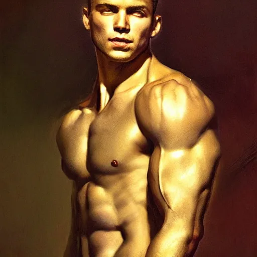 Prompt: handsome portrait of a young guy fitness posing, war hero, flexing abs, radiant light, caustics, reflective, by gaston bussiere, bayard wu, greg rutkowski, giger, maxim verehin