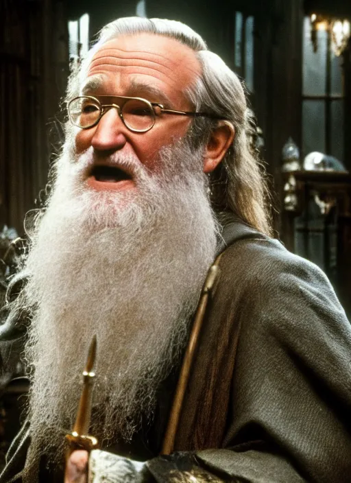 Image similar to film still of Robin Williams as Albus Dumbledore in Harry Potter and the Chambre of Secrets, 4k