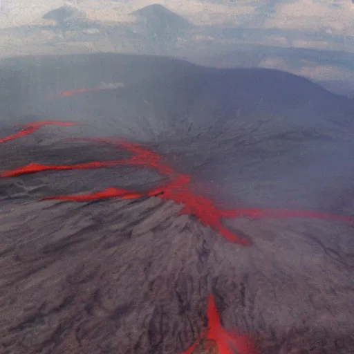 Prompt: view from helicopter of Volcano, matte painting