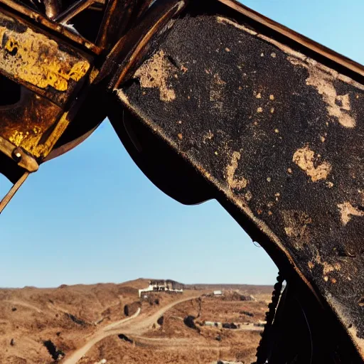 Image similar to Cinematic reverse aerial angle telephoto f2.8 iso 640 over the shoulder of a battle-worn survivor looking over a mid 1800s coal-mining town in the sweltering desert heat, crows in the sky. Photorealistic, award winning, ultra high resolution, intricate details, UHD 8K