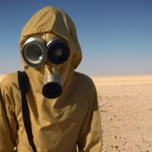 Prompt: a man wearing a hazmat suit and gasmask, in the desert, film still, panavision panaflex