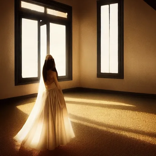 Image similar to A woman in a wedding dress, house interior, golden hour, by Greg Rutkowski