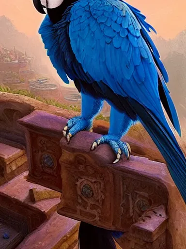 Image similar to captain pirate and a blue macaw. from the top of a stone fortress. intricate, elegant, highly detailed, digital painting, artstation, concept art, sharp focus, illustration, by justin gerard and artgerm, 8 k