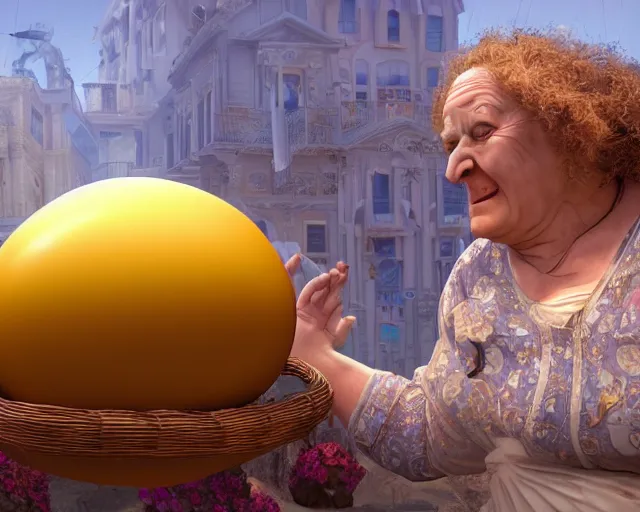 Image similar to םכ a very beautiful scene. processing block environment. a sweet fat old woman is in love with a huge, colorful and beautiful egg. hyper realistic. 4 k. wide angle. in the baroque style. wild. symmetrical face, red mouth, blue eyes. deep focus, lovely scene. processing block environment. concept art. unreal engine.