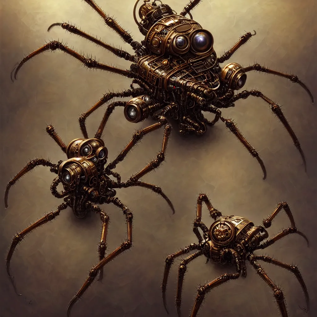 Image similar to portrait shot of a steampunk robot spider, intricate, elegant, highly detailed, centered, digital painting, artstation, concept art, smooth, sharp focus, illustration, artgerm, tomasz alen kopera, peter mohrbacher, donato giancola, joseph christian leyendecker, wlop, boris vallejo