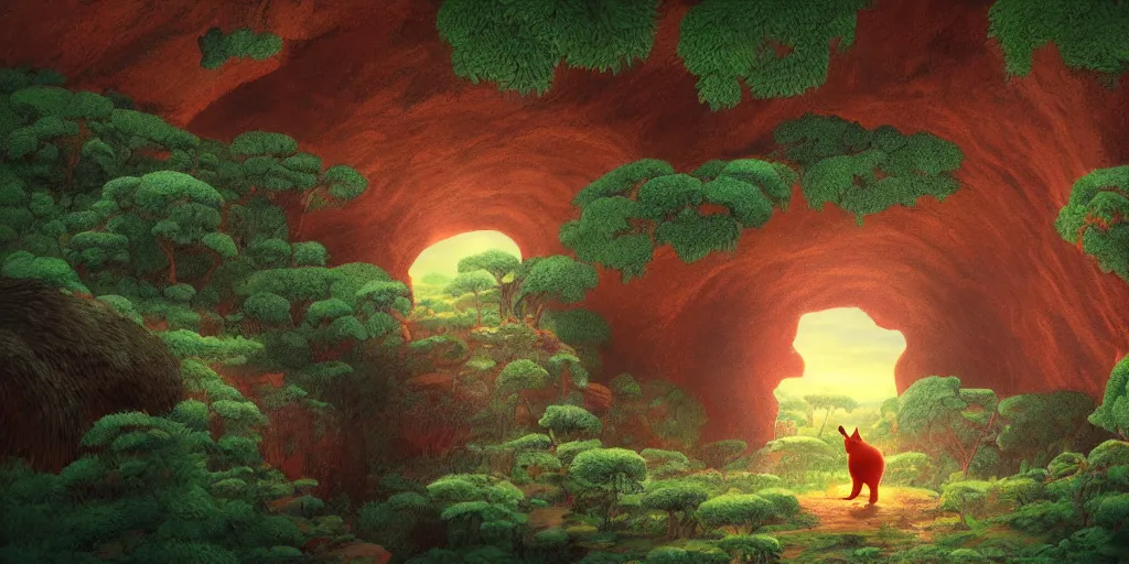 Image similar to red cat shaped like totoro looking into large cave entrance in a lush forest, beautiful ambiance, sunset, studio ghibli style, by hayao miyazaki, sharp focus, highly detailed, 4k