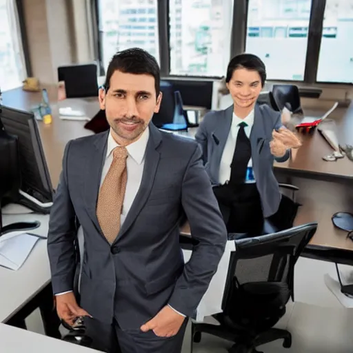 Image similar to rats wearing business suits in an office, wide angle