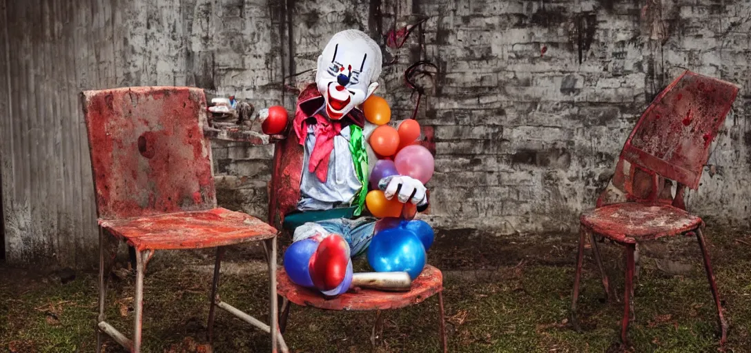 Image similar to a rusty steel chair with a smiling clown sitting on it, 4K, dark, horror, balloons,