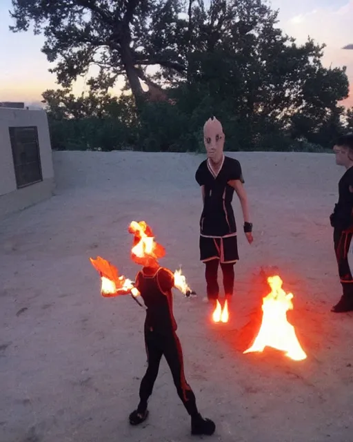 Prompt: [ [ [ [ [ [ squidward ] ] ] ] ] wearing fire nation clothing and practicing firebending outside at susnset