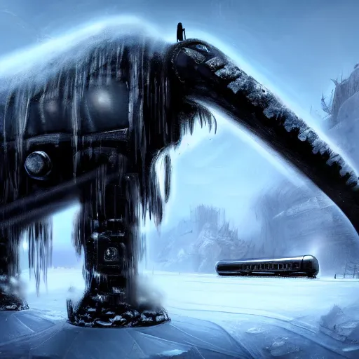 Image similar to a futuristic black steam train and a giant mammoth, post - apocalyptic ice landscape with heavy snow, concept art, artstation, highly detailed, digital art