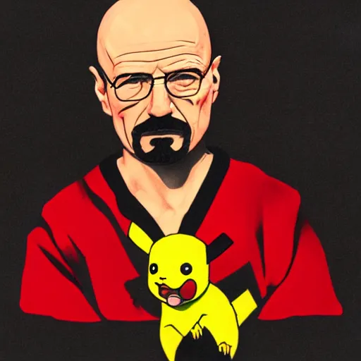 Prompt: 19th century portrait of Walter White holding Pikachu, red and black color pallette, dark lighting