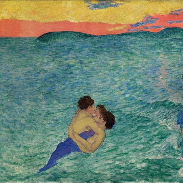 Image similar to close view of woman and man kissing halfway in the water. great, tall waves, sun setting through the storm clouds. iridescent, vivid psychedelic colors. painting by bonnard, felix vallotton, egon schiele, henri de toulouse - lautrec, utamaro, monet