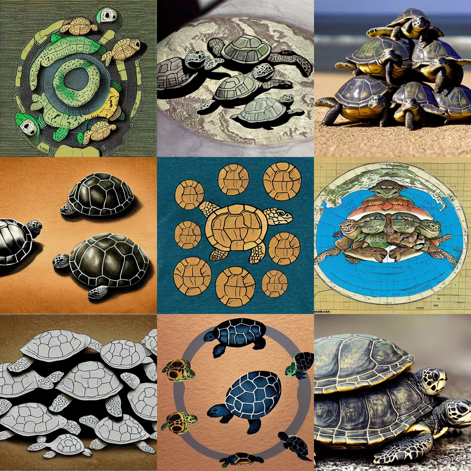 Image similar to a stack of turtles beneath a flat earth, round map, turtle pile