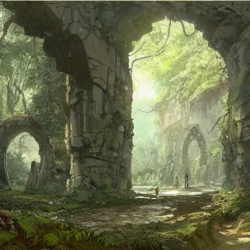 Image similar to concept art painting of an ornate ancient stone archway, in the woods, deep forest, realistic, detailed, cel shaded, in the style of makoto shinkai and greg rutkowski and james gurney