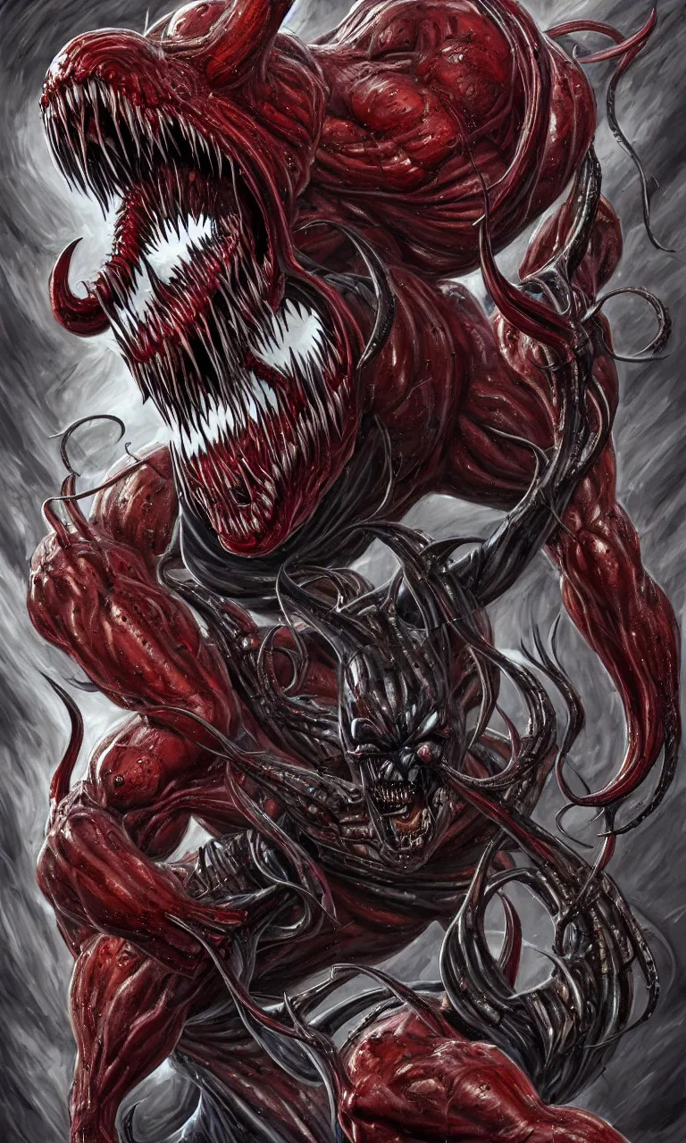 Prompt: hyper realist three quarter angle full body long shot of bodybuilder venom from marvel comics!!!!, large mouth with teeth, large tongue, lovecraftian horror!!, fantasy, intricate, elegant, highly detailed, digital painting, artstation, concept art, matte, sharp focus, illustration, art by glenn fabry and giger