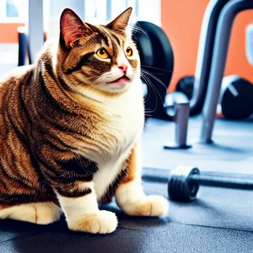 Image similar to a very fat cat doing exercises at the gym, photorealistic, hd