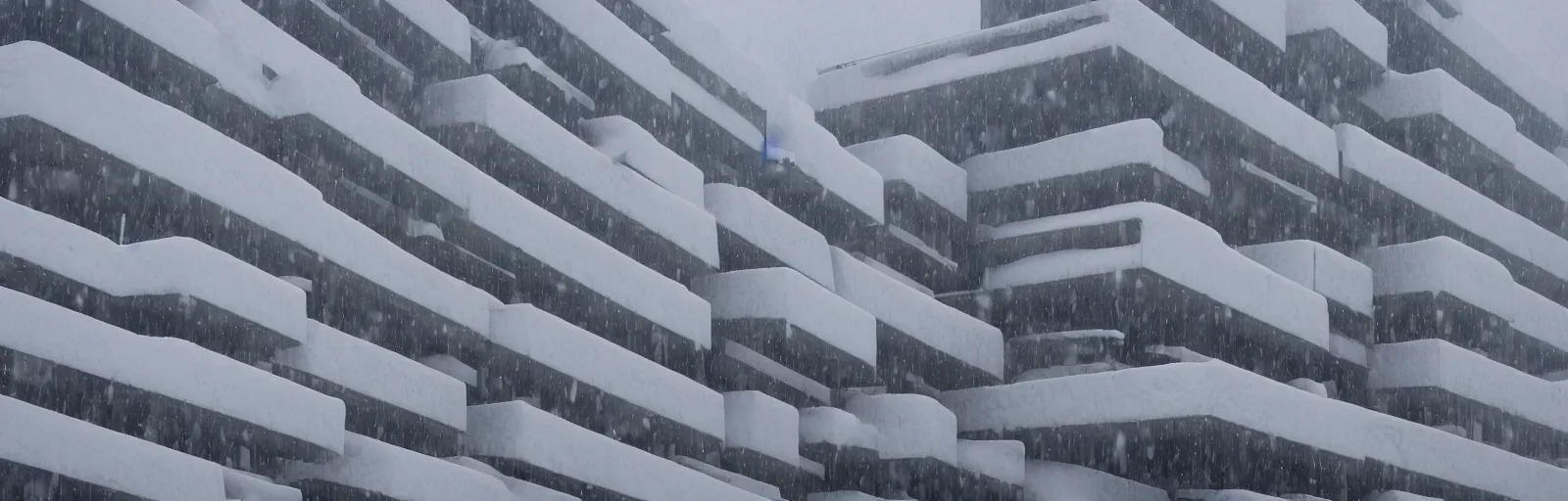 Prompt: snow falling on complex, geometric brutalist buildings, fragmented architecture, diagonal shapes, complex ramps, balconies, stairways, sharp focus, clear focus, beautiful, award winning architecture, le corbusier, frank lloyd wright, snow, fog, mist, hopeful, quiet, calm, serene