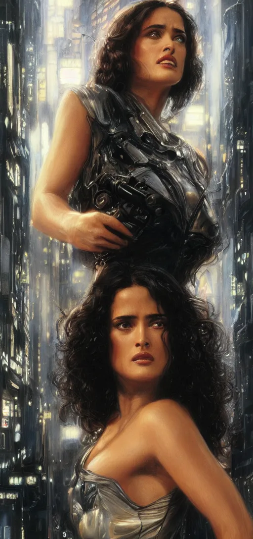 Image similar to young Salma Hayek as a replicant from blade runner, detailed, centered, digital painting, artstation, concept art, donato giancola, Joseph Christian Leyendecker, WLOP, Boris Vallejo, Breathtaking, 8k resolution, extremely detailed, beautiful, establishing shot, artistic, hyperrealistic, beautiful face, octane render