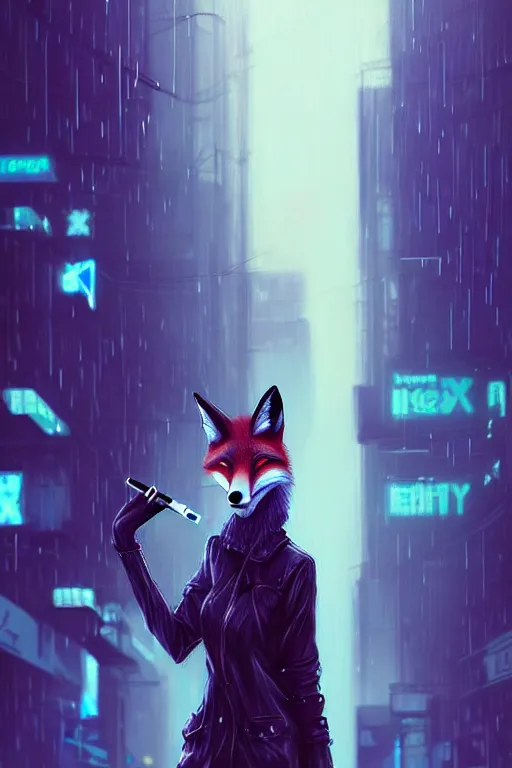 Image similar to beautiful portrait of a tall female anthro fox, smoking a cigarette in the rain, shoulders taller than the crowd, in a wet street of a city, cyberpunk, harsh neon lights, highly detailed, deep shadows, digital painting, shallow depth of field, illustration, art by sakimichan, artgerm