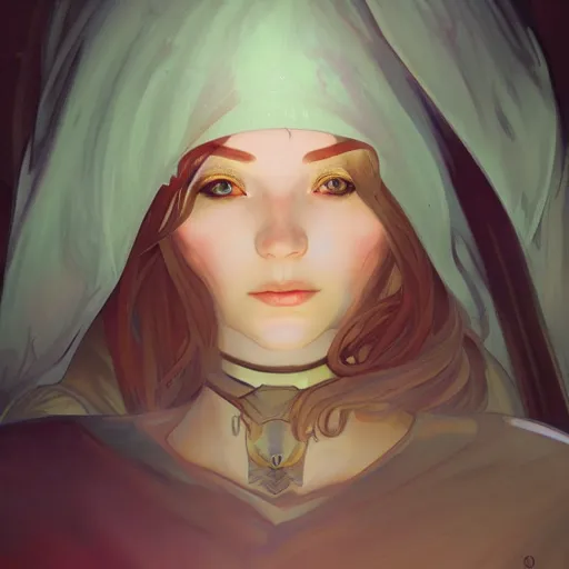 Image similar to Female elf cleric, ambient lighting, 4k, alphonse mucha, lois van baarle, ilya kuvshinov, rossdraws, artstation