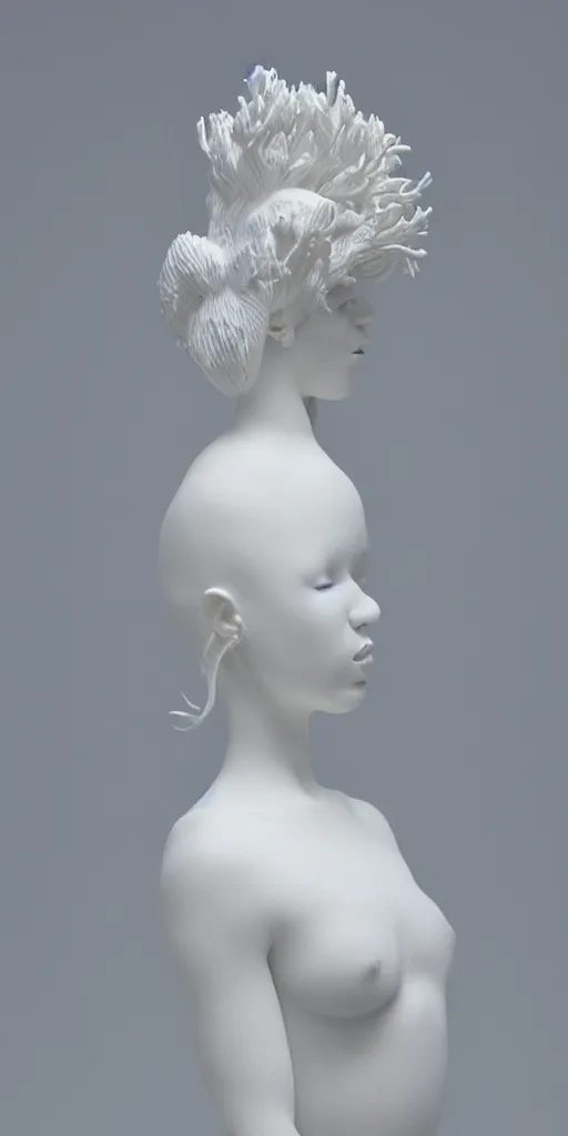 Image similar to full head and shoulders, beautiful female porcelain sculpture by daniel arsham and raoul marks, smooth, all white features on a white background, delicate facial features, white eyes, white lashes, detailed white, lots of 3 d giant axolotls on the head