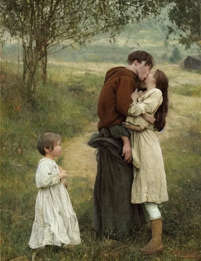 Image similar to peasant boy and girl first kiss, on a village, Cinematic focus, Polaroid photo, vintage, neutral colors, soft lights, foggy, by Steve Hanks, by Serov Valentin, by lisa yuskavage, by Andrei Tarkovsky 8k render, detailed, oil on canvas