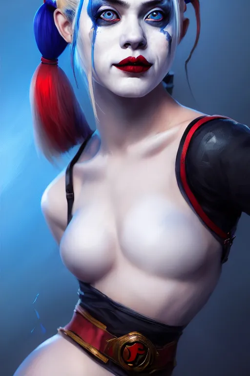 Image similar to ultra detailed half body portrait of harley quinn, blue eyes, sharp bone structure, extremely detailed digital painting, in the style of fenghua zhong and ruan jia and jeremy lipking and peter mohrbacher, mystical colors, rim light, beautiful lighting, 8 k, stunning scene, raytracing, octane, trending on artstation