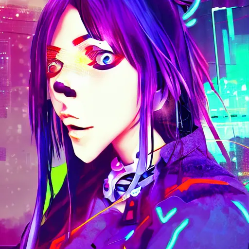 Image similar to cyberpunk anime woman with long hair, glitch art, digital art, EDM, portrait, trending on artstation