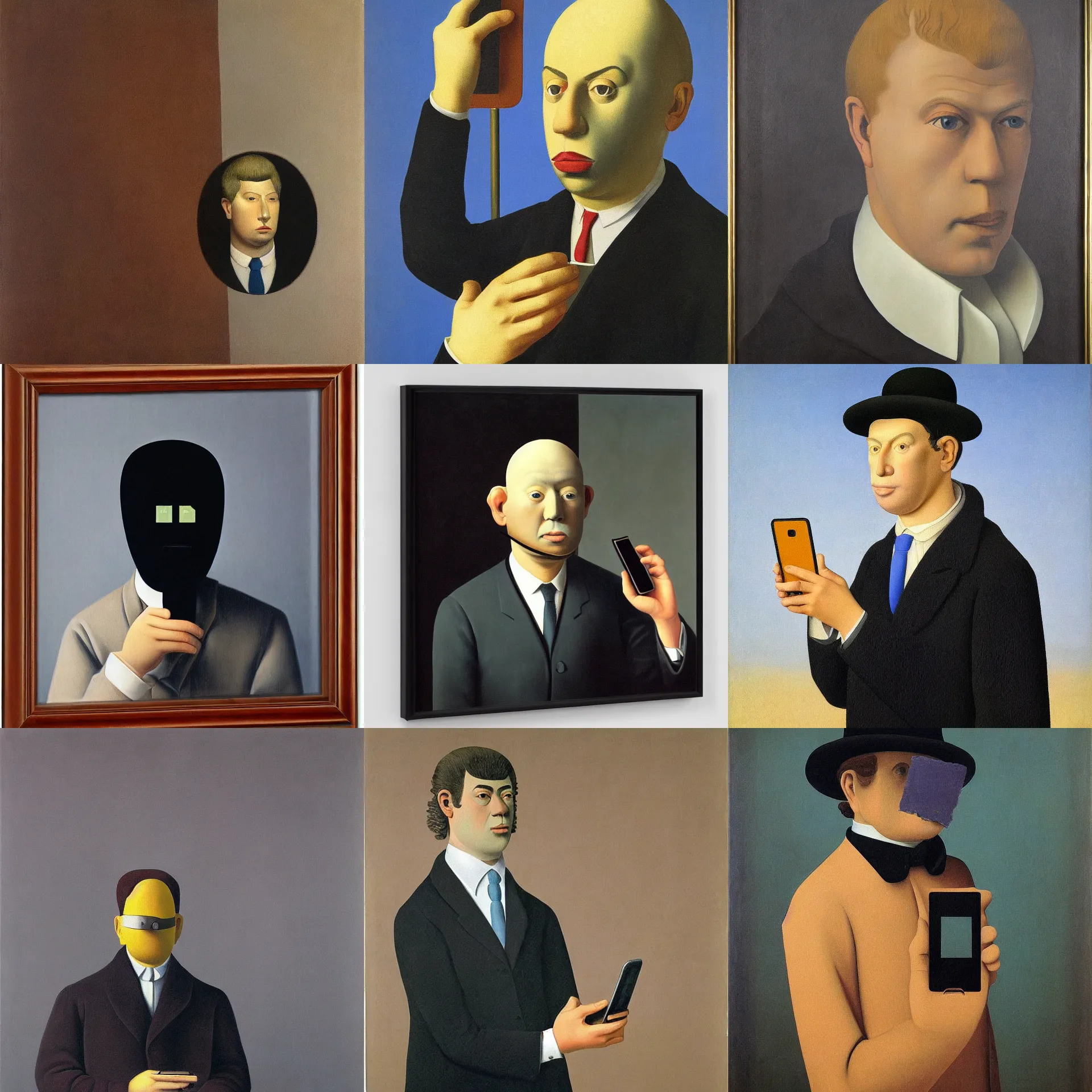 Prompt: front view full body portrait of a man with a phone replacing his face, painted by rene magritte and rembrandt