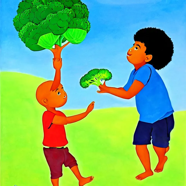 Image similar to professional kids book illustration of a South Indian !toddler! boy pulling a friendly anthropomorphic (broccoli) out of the ground, best on artstation,, astonishing, impressive, outstanding, cheerful, stunning, masterpiece by Eric Carle.