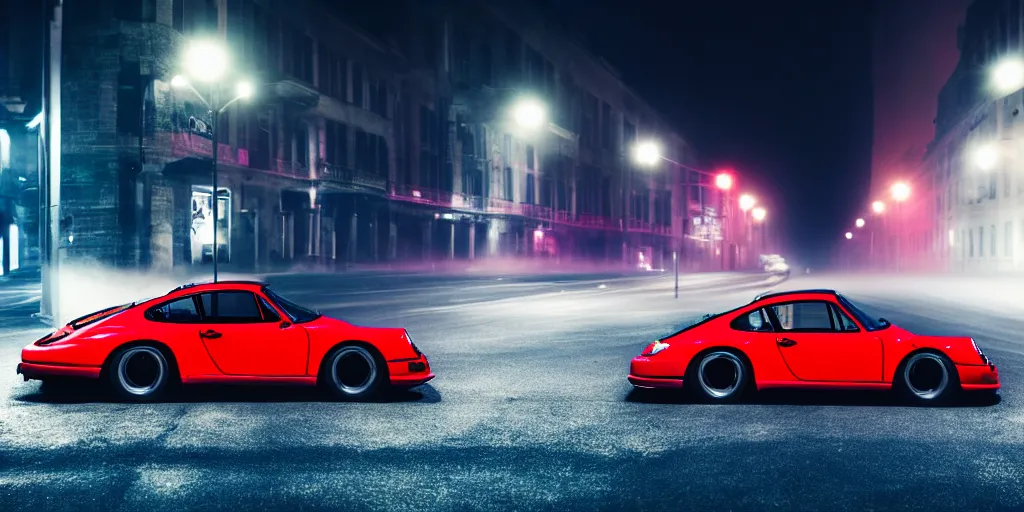 Image similar to Red Porsche sports car driving on a deserted city street at night time, fog, purple lighted street, wide angle, cinematic, hard focus, retro-wave vibes, grainy, soft motion blur, VHS Screencap