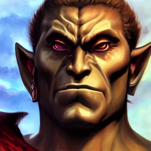 Image similar to An ultra-realistic portrait painting of Ganondorf from The Legend of Zelda in the style of Alex Ross. 4K. Ultra-realistic. Highly detailed. Epic lighting.