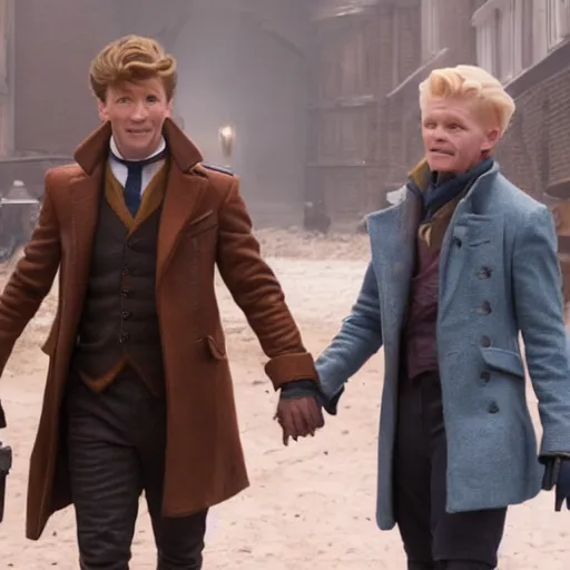 Image similar to newt scamander walking hand in hand with baby groot from guardians of the galaxy, film still from the movie, directed by david yates