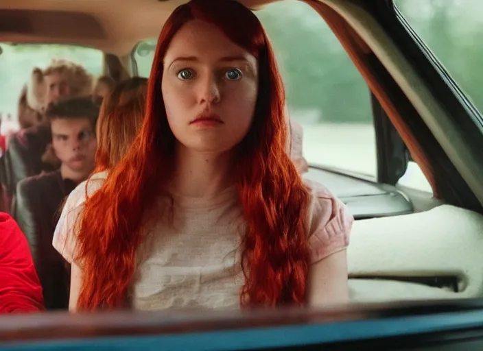 Image similar to A very high resolution image from a new movie, inside of a car, teen red hair woman, raining, hot, directed by wes anderson