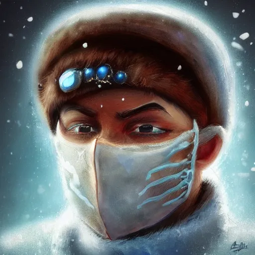 Prompt: art, bandit from ‘ icewind dale ’ with a frost blue gem mask lined with copper, ‘ icewind dale 2 ’ profile portrait by ‘ justin sweet ’, falling snow, soft focus, illustration, oil paint, trending artstation