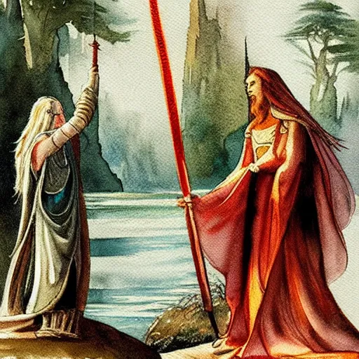 Image similar to “watercolor painting of the lady of the lake giving the sword to King Arthur, 8k”