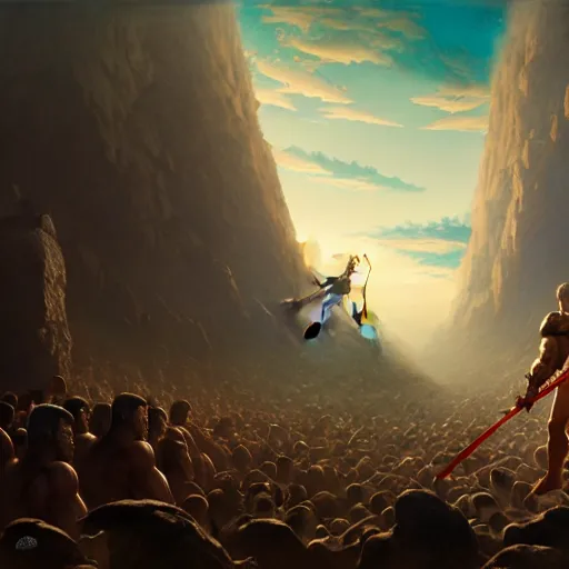 Image similar to highly detailed painting of julius caesar fighting a looming demigod, dramatic, sense of scale, stephen bliss, unreal engine, greg rutkowski, ilya kuvshinov, ross draws, hyung tae and frank frazetta, tom bagshaw, tom whalen, nicoletta ceccoli, mark ryden, earl norem, global illumination, god rays, idyllic