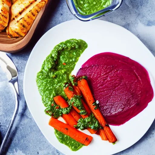 Image similar to grilled chicken marinated in chimichurri sauce, dollops of pureed carrots, parmesan crisps and a red beet sauce, michelin starred food, award winning photography