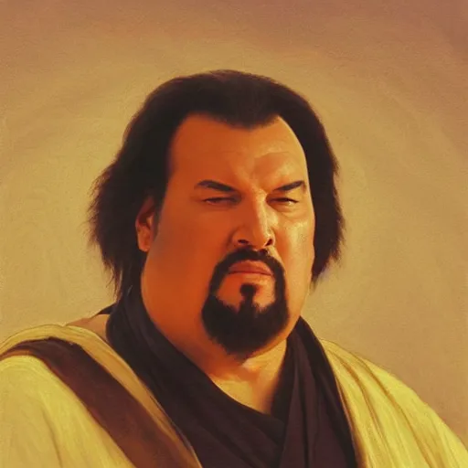 Image similar to Painting of obese Steven Seagal as Obi-Wan Kenobi. Art by william adolphe bouguereau. During golden hour. Extremely detailed. Beautiful. 4K. Award winning.