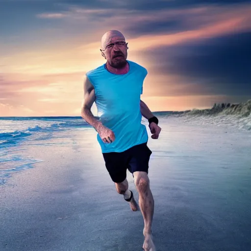 Image similar to Walter White running on the beach, artistic, 8k, cinematic, accurate, symetric, face, dramatic lighting, pastel colours