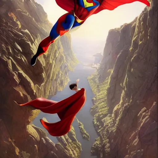 Prompt: a flying superhero catching a child that is falling from a cliff. photorealistic. realism. 4 k wideshot. cinematic. unreal engine. artgerm. marc simonetti. jc leyendecker