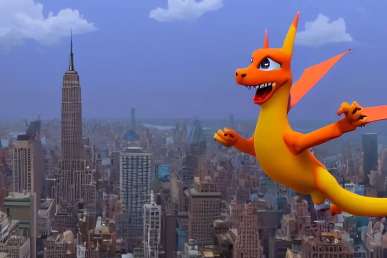 Image similar to charizard flying above new york, still from a pixar movie, high quality 3 d render, movie, pixar, renderman, 4 k, artstation