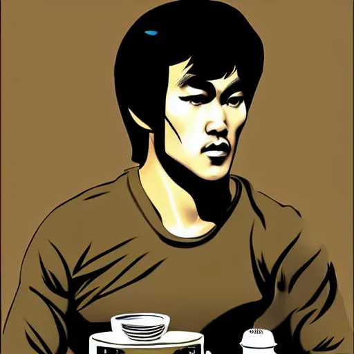 Image similar to bruce lee as a barista working in starbucks digital art